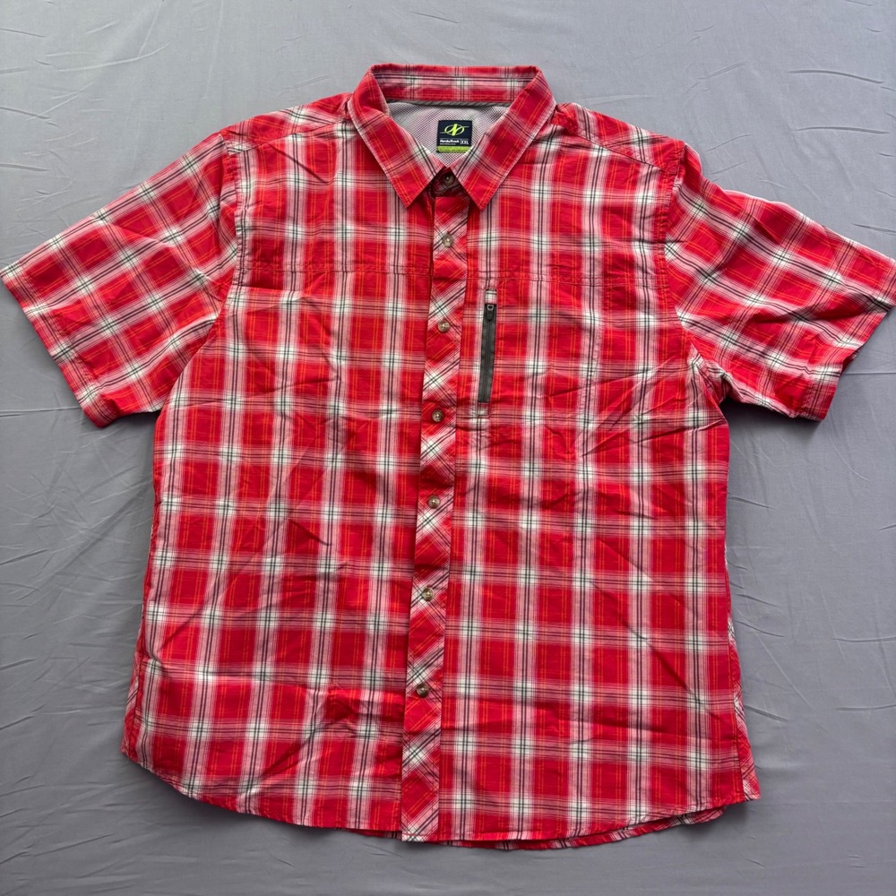 NordicTrack Mens XXL Red Plaid Short Sleeve Button Down Shirt Zip Pocket Utility